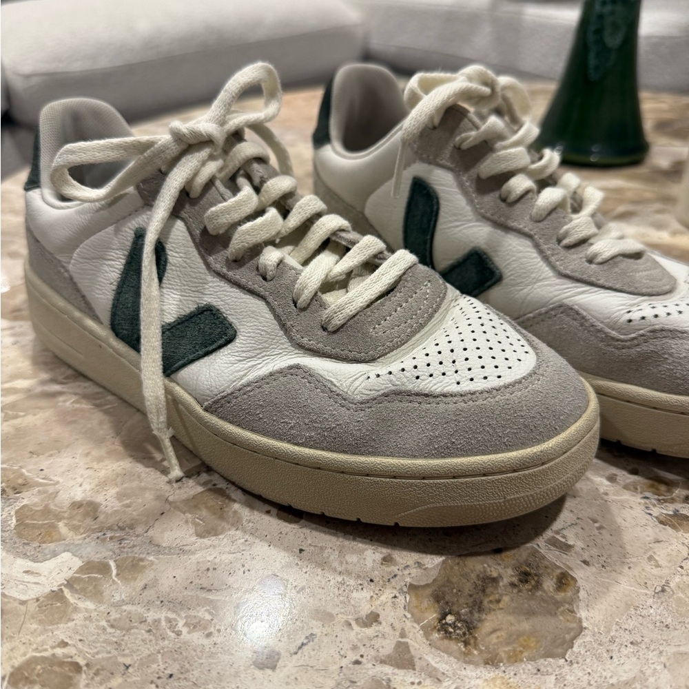 Veja Women’s White and Gray Sneakers with Green Accents
